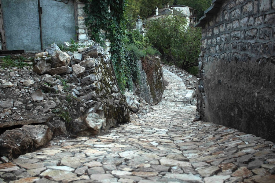 cobbled pathway leading downhill